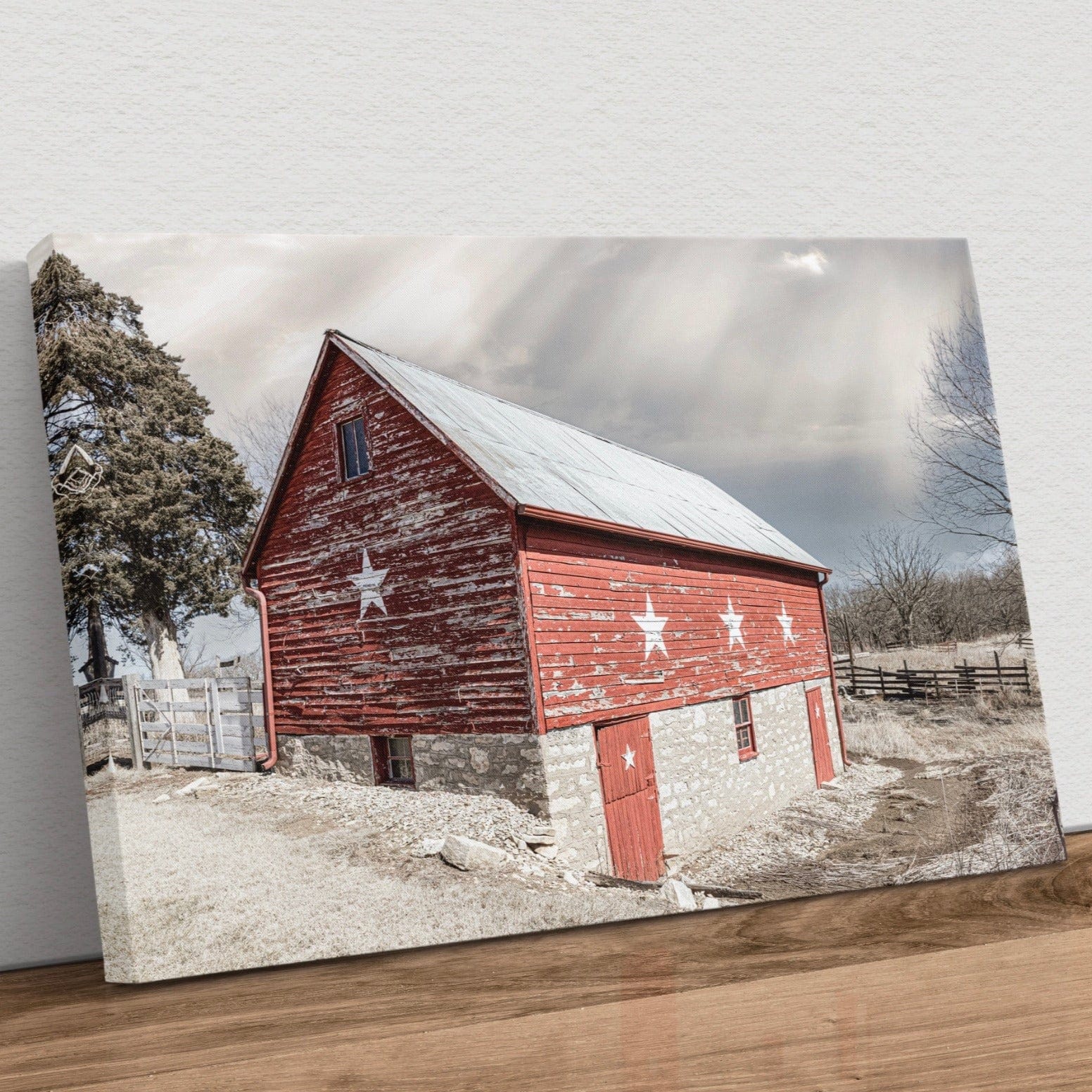Americana Wall Art Canvas- Old Red Barn with Stars Canvas-Unframed / 12 x 18 Inches Wall Art Teri James Photography