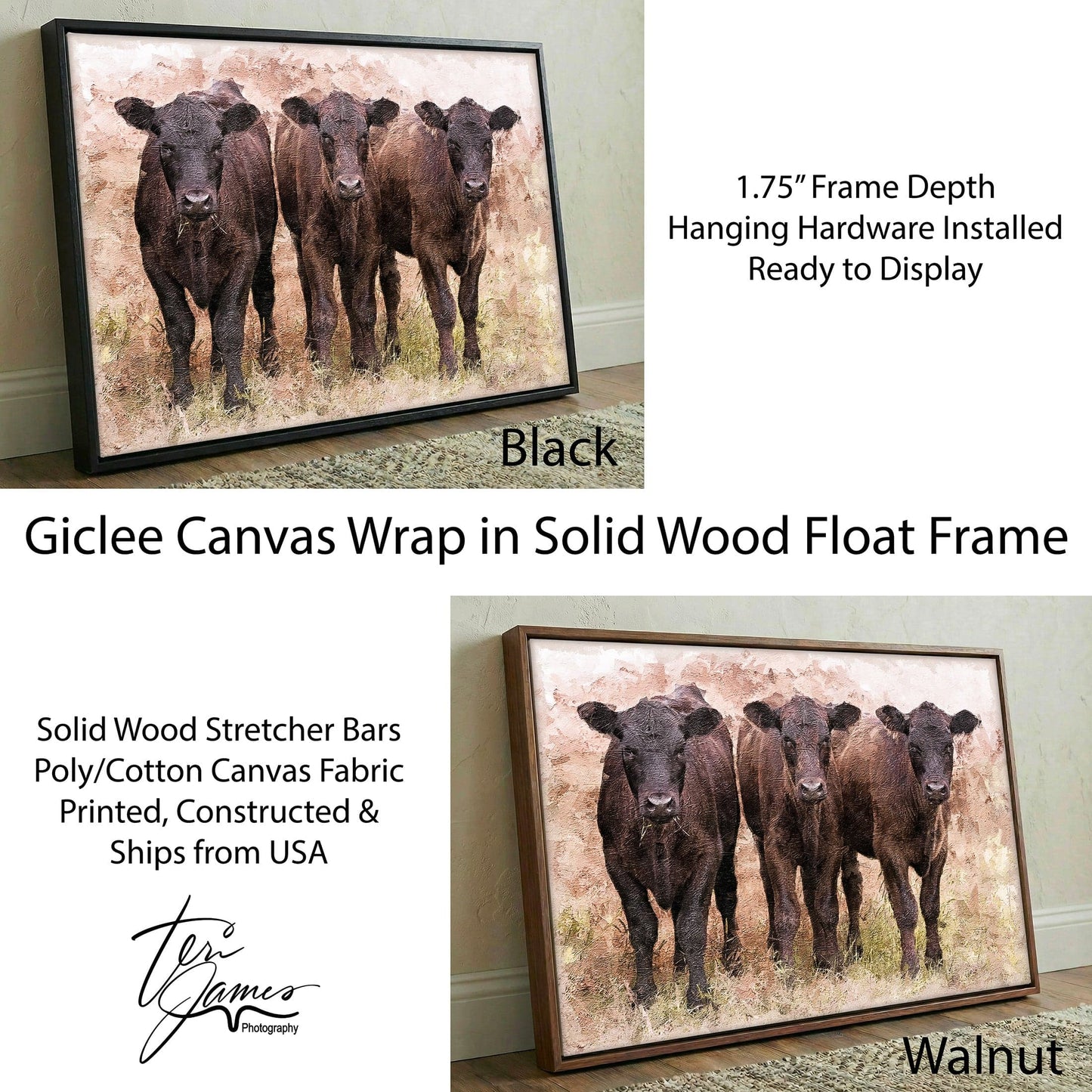 Angus Calves Nursery Decor - Watercolor Farm Animal Prints for Baby Room Canvas-Black Frame / 12 x 18 Inches Wall Art Teri James Photography