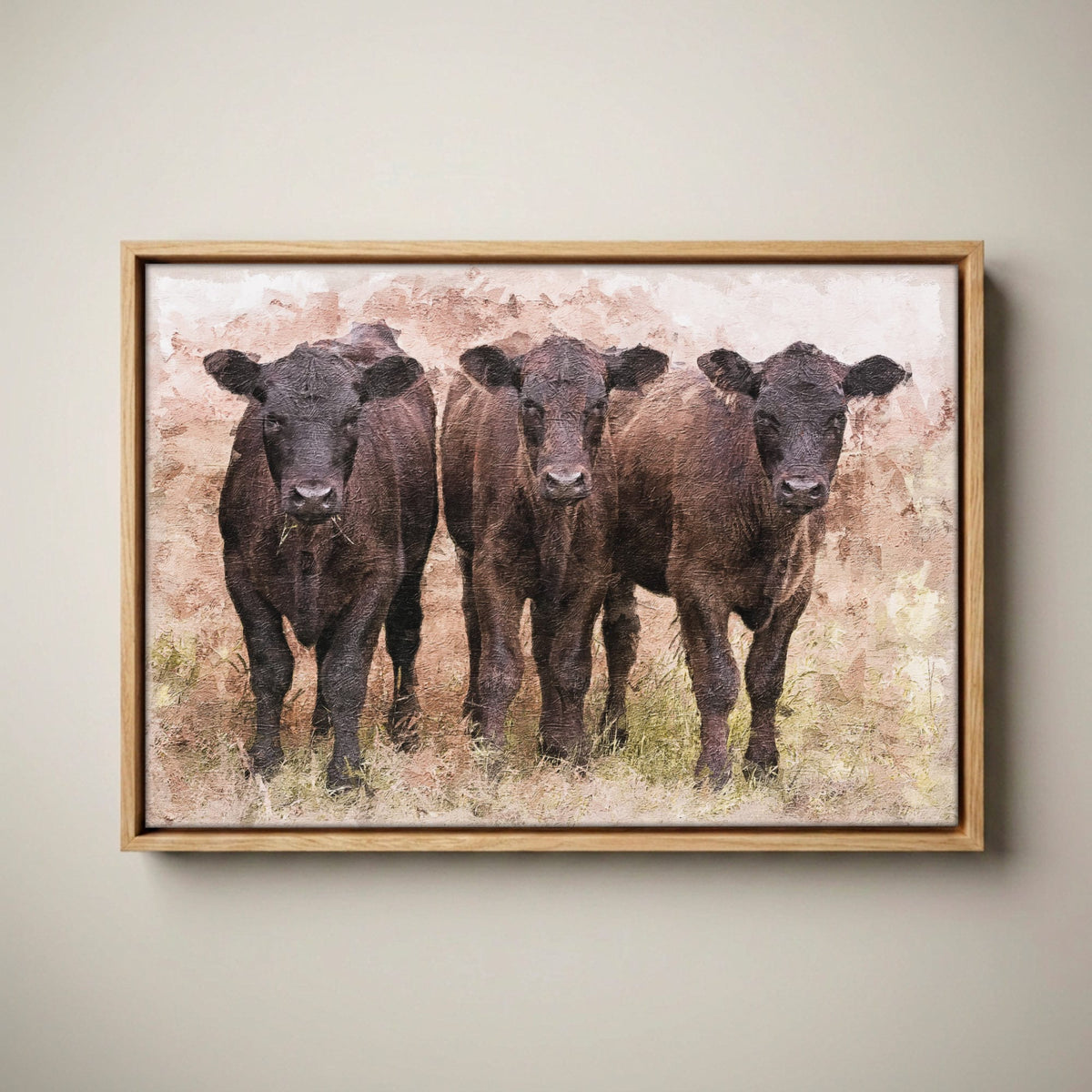 Angus Calves Nursery Decor - Watercolor Farm Animal Canvas-Natural Oak Float Frame / 12 x 18 Inches