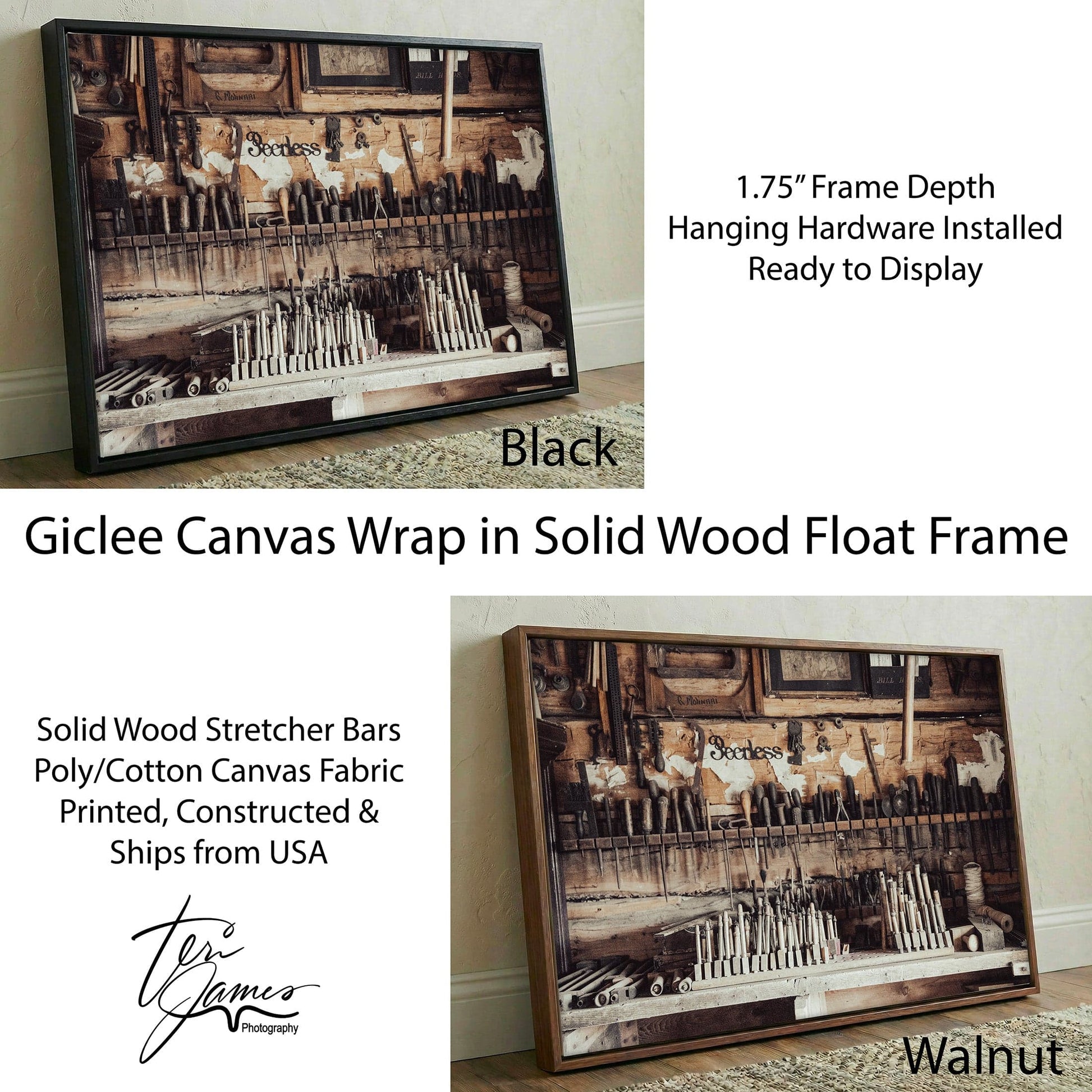 Antique Workshop Wall Art - Vintage Tool Decor & Rustic Home Decoration Canvas Print Canvas-Black Frame / 12 x 18 Inches Wall Art Teri James Photography