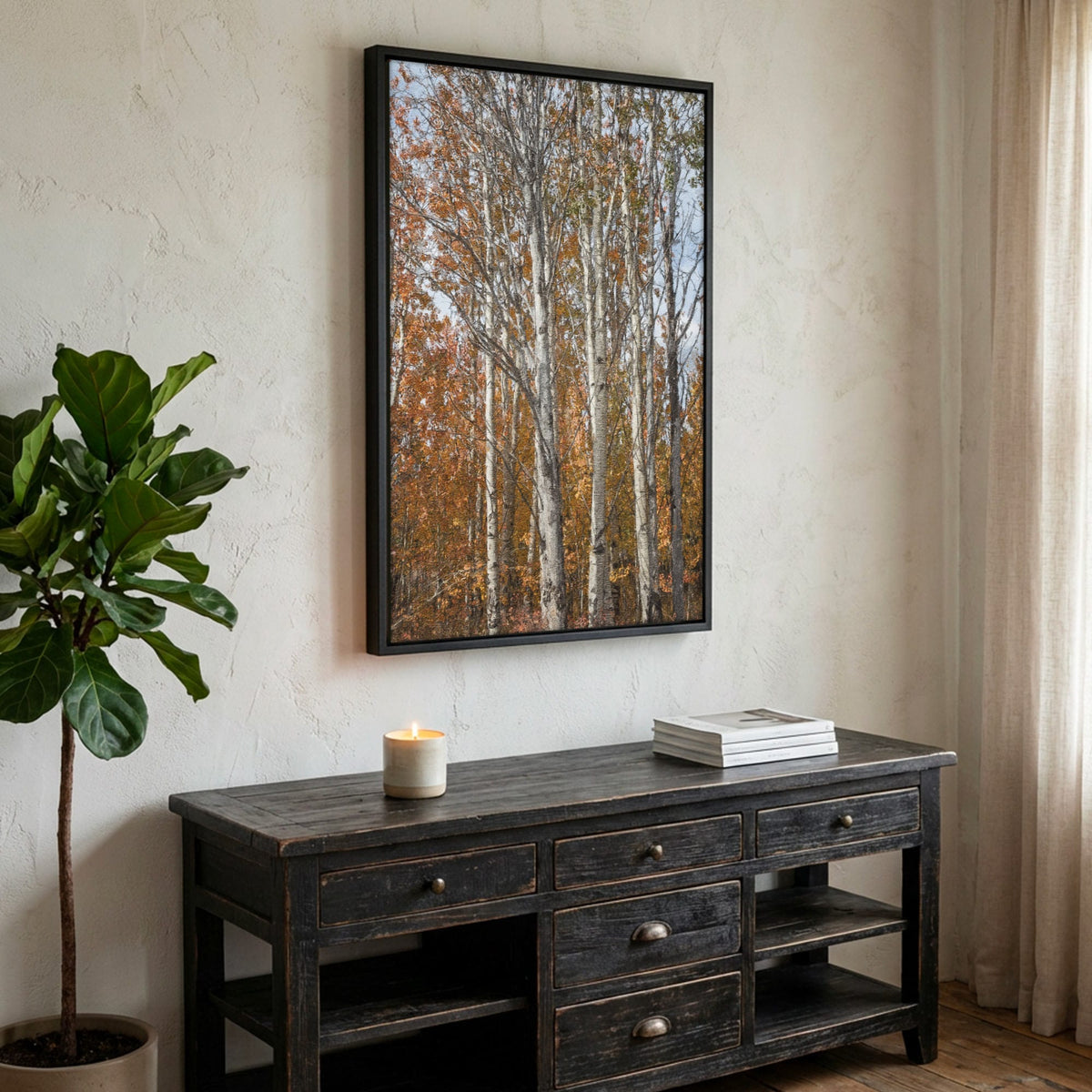 Aspen Tree Photography – Autumn Tree Print with Golden Aspen Leaves Canvas-Black Frame / 12 x 18 Inches