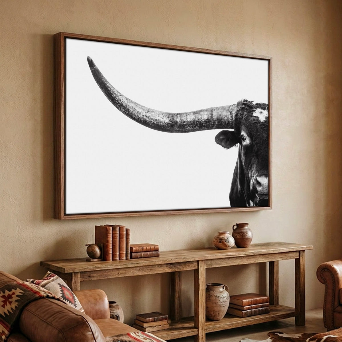 Austin Texas Longhorn Art in Black and White Canvas-Walnut Frame / 12 x 18 Inches