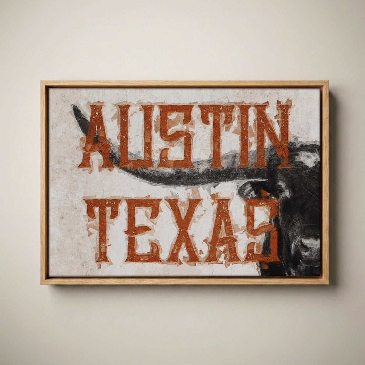 Austin Texas Print - Longhorn Wall Decor Canvas-Natural Oak Float Frame / 12 x 18 Inches