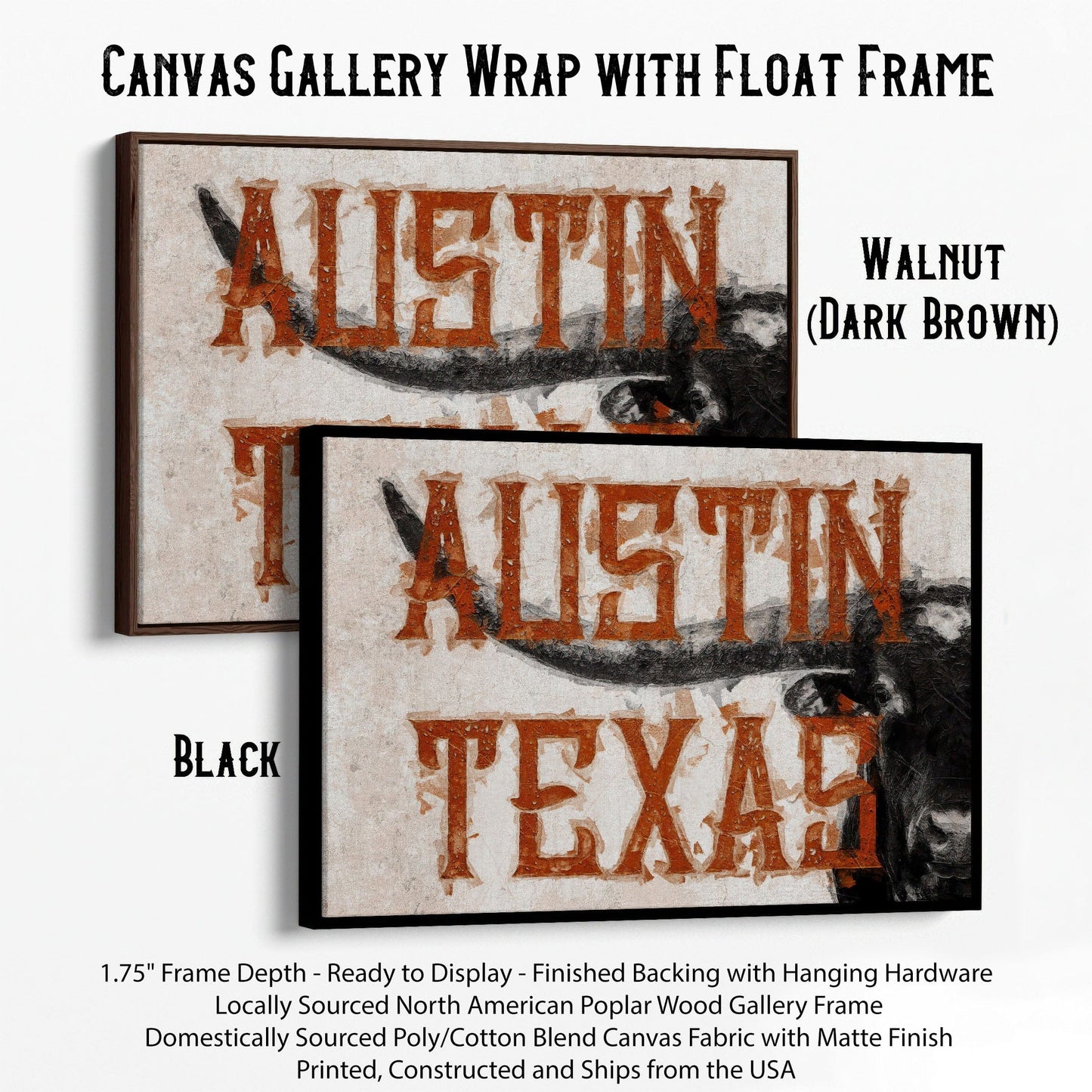 Austin Texas Print - Longhorn Wall Decor Canvas-Black Frame / 12 x 18 Inches Wall Art Teri James Photography