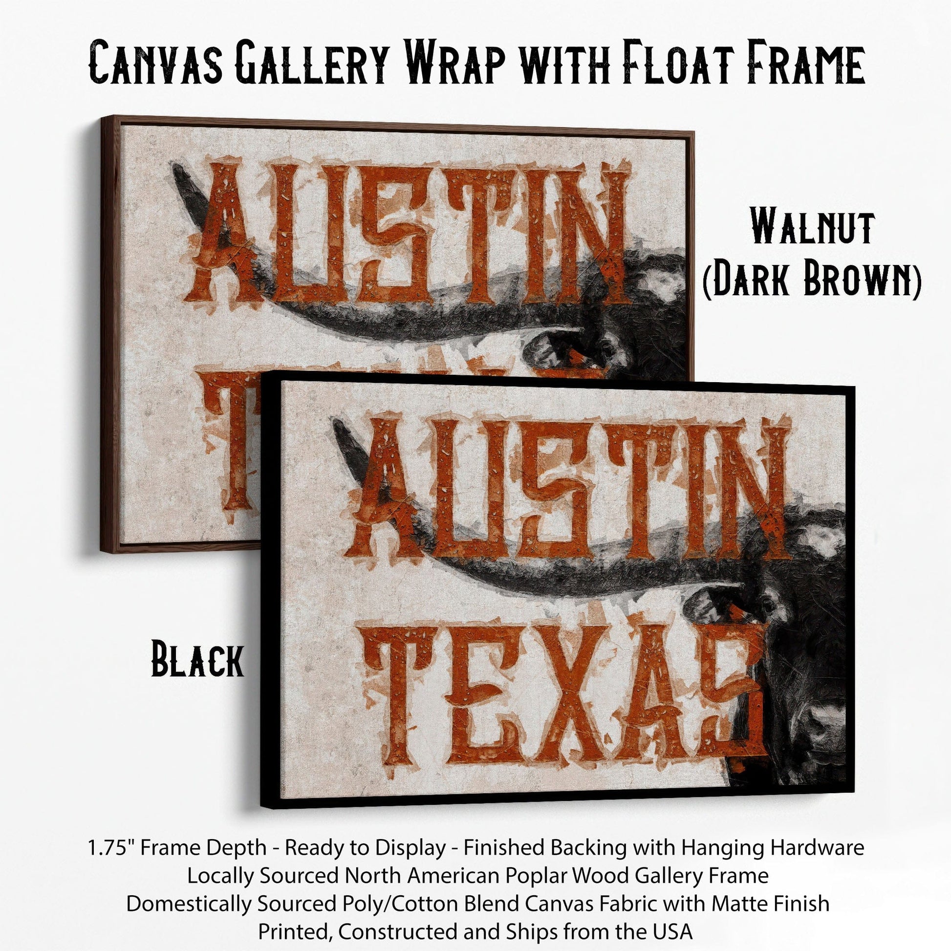 Austin Texas Print - Longhorn Wall Decor Canvas-Black Frame / 12 x 18 Inches Wall Art Teri James Photography
