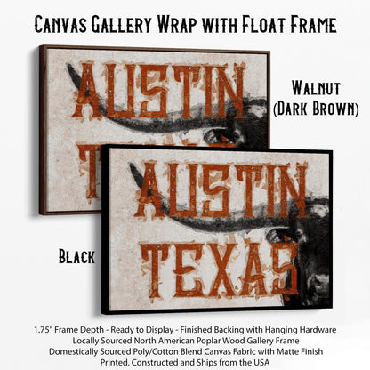 Austin Texas Print - Longhorn Wall Decor Canvas-Black Frame / 12 x 18 Inches Wall Art Teri James Photography