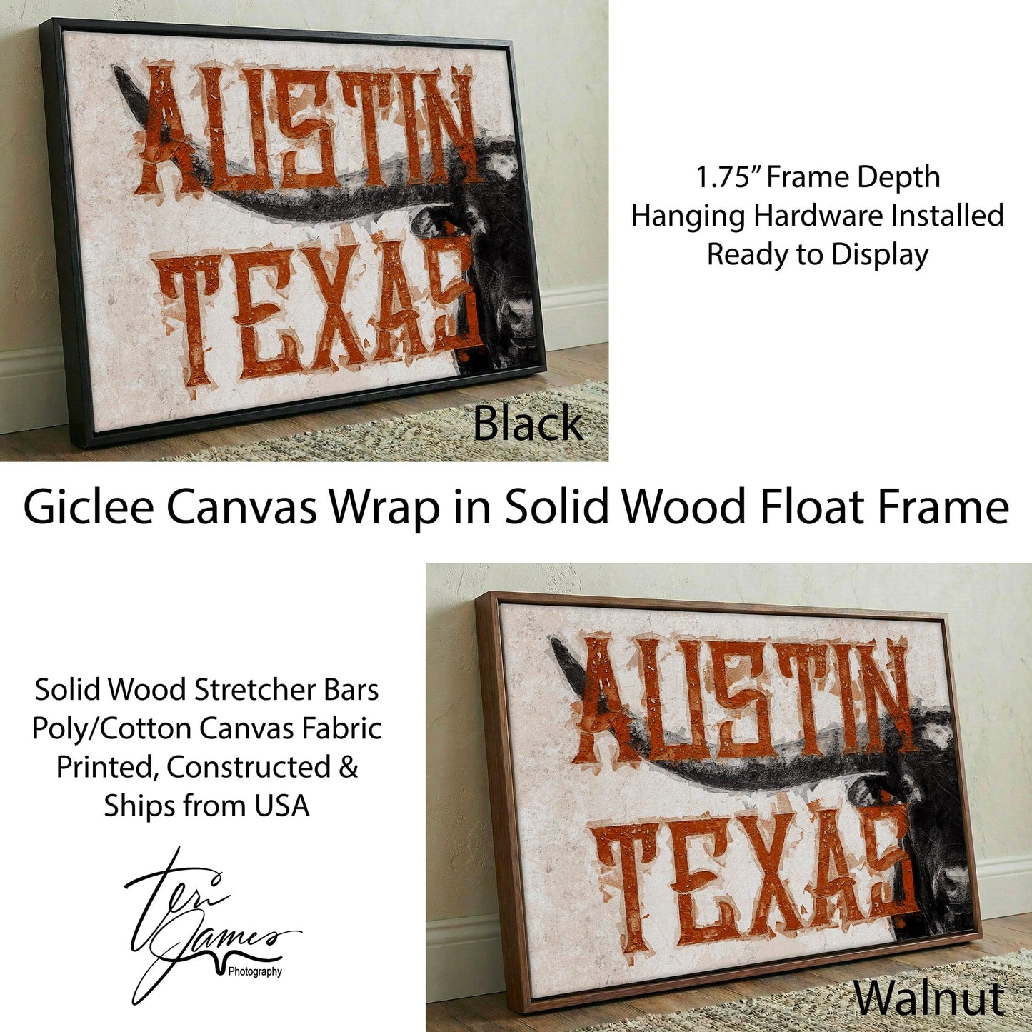 Austin Texas Print - Longhorn Wall Decor Canvas-Black Frame / 12 x 18 Inches Wall Art Teri James Photography