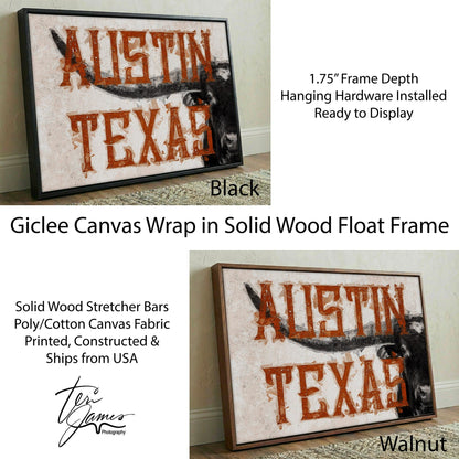 Austin Texas Print - Longhorn Wall Decor Canvas-Black Frame / 12 x 18 Inches Wall Art Teri James Photography