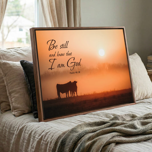 Be Still Wall Art | Christian Scripture Canvas Print | Psalm 46:10 Canvas-Walnut Frame / 12 x 18 Inches