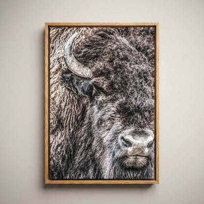 Bison Bull Canvas - Wildlife Wall Art Canvas-Natural Oak Float Frame / 12 x 18 Inches