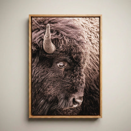 Bison Canvas Wall Art - Closeup Bison Photo Canvas-Natural Oak Float Frame / 12 x 18 Inches