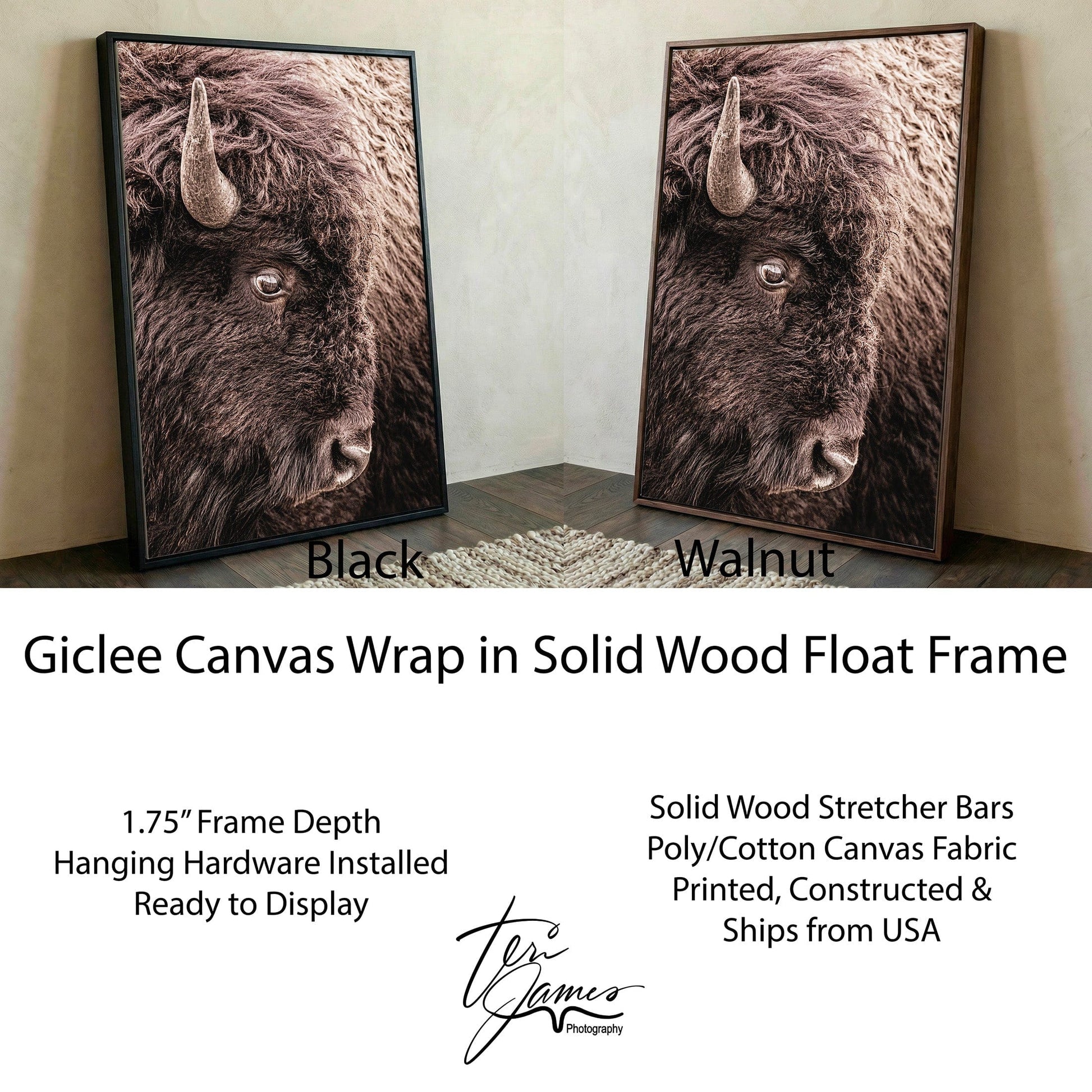 Bison Canvas Wall Art - Closeup Bison Photo - Vertical Animal Art Decor Canvas-Black Frame / 12 x 18 Inches Wall Art Teri James Photography