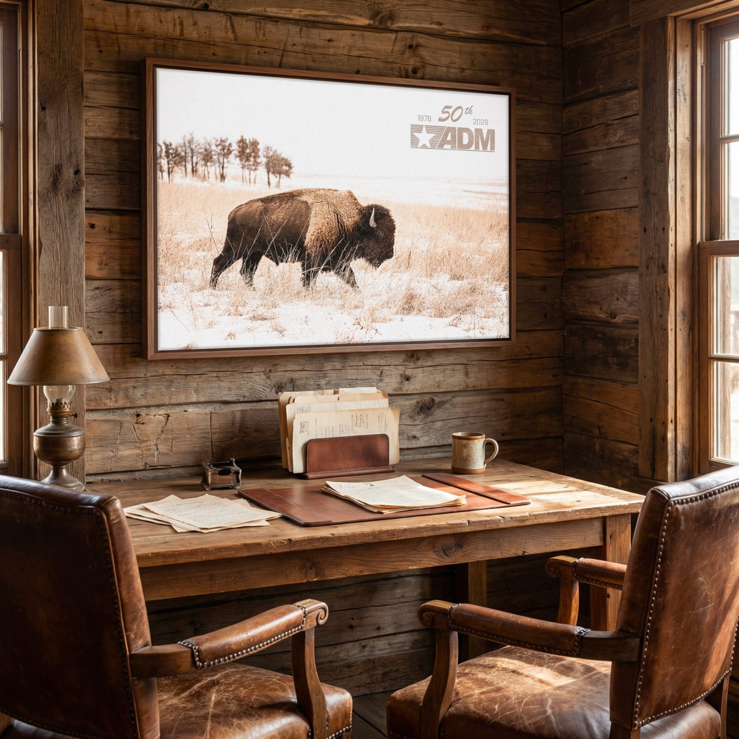 framed bison print with corporate logo shown hanging over a wooden desk in a rustic office space