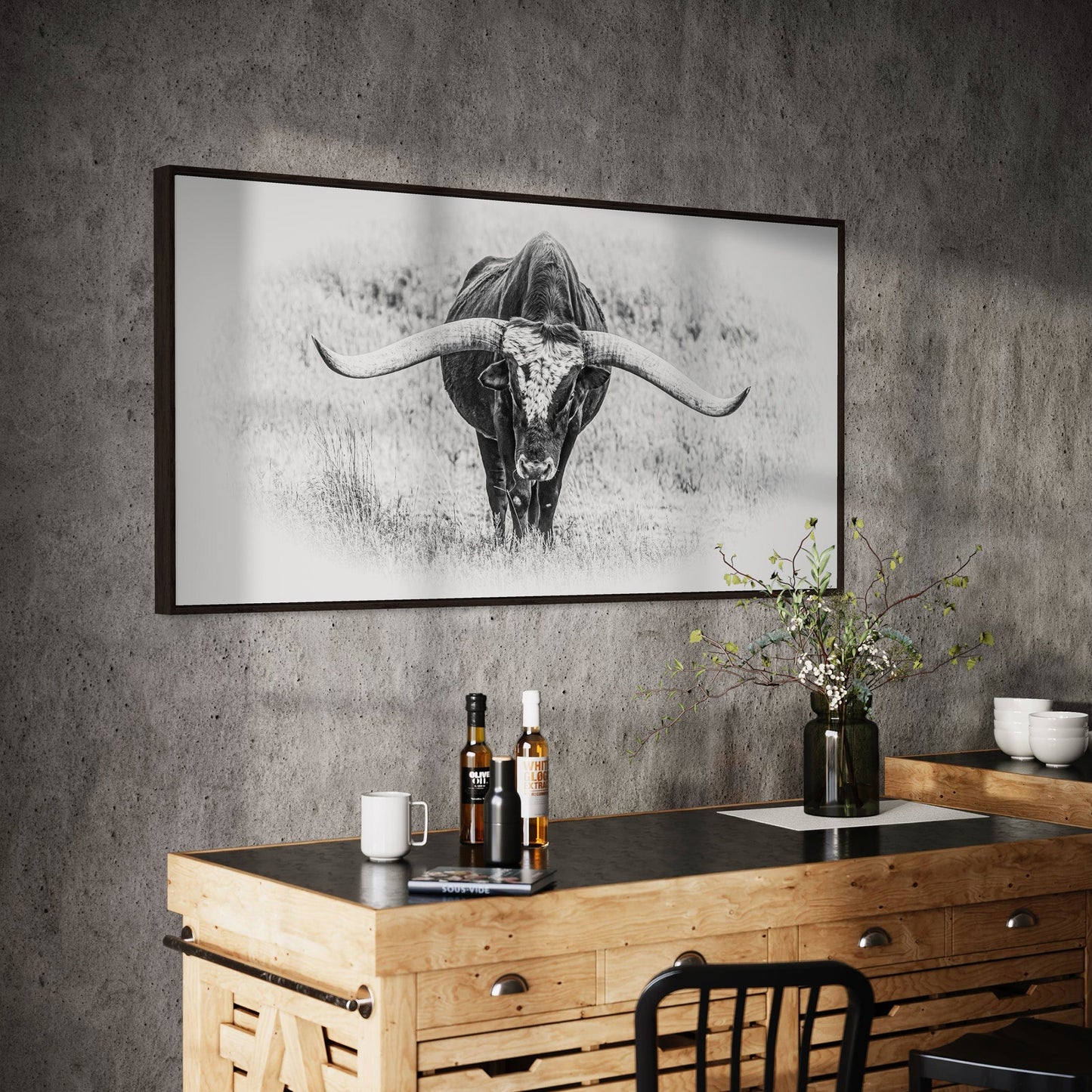 Black and White Longhorn Panorama Wall Art Teri James Photography