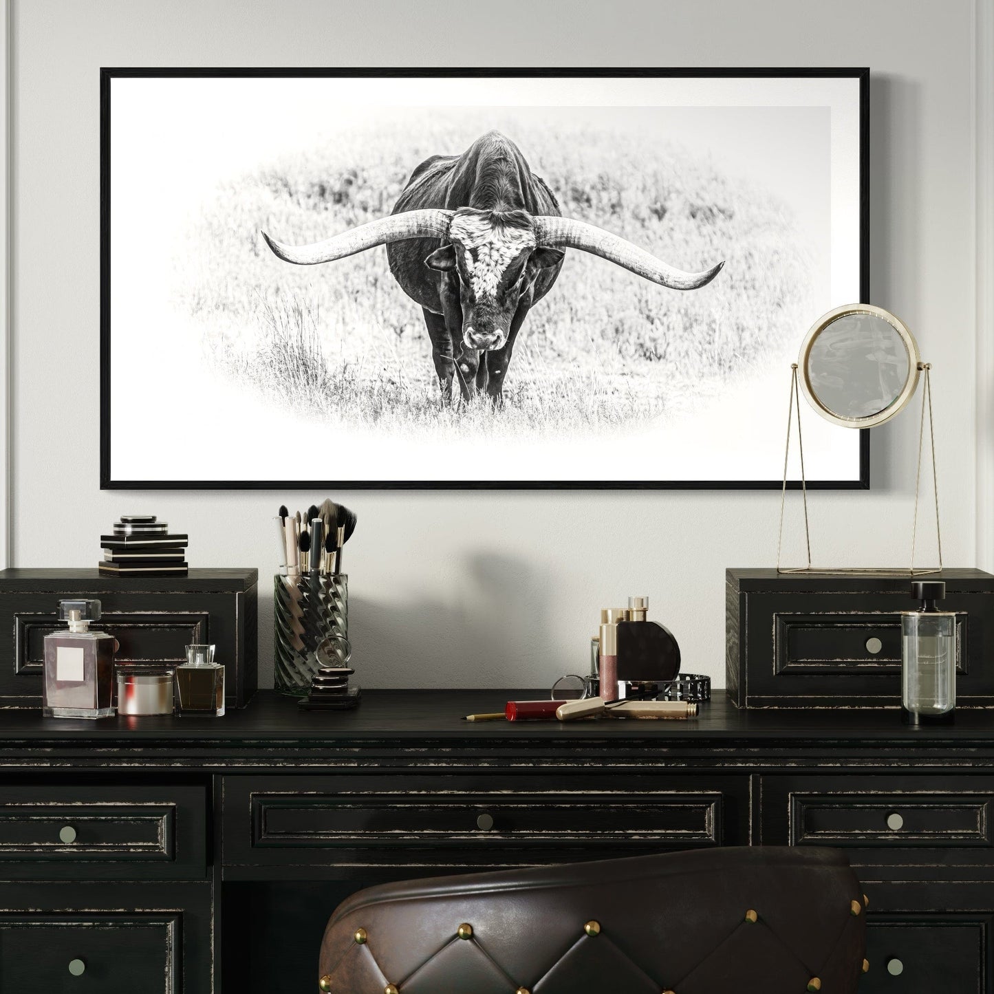 Black and White Longhorn Panorama Wall Art Teri James Photography