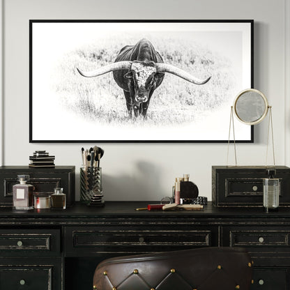 Black and White Longhorn Panorama Wall Art Teri James Photography