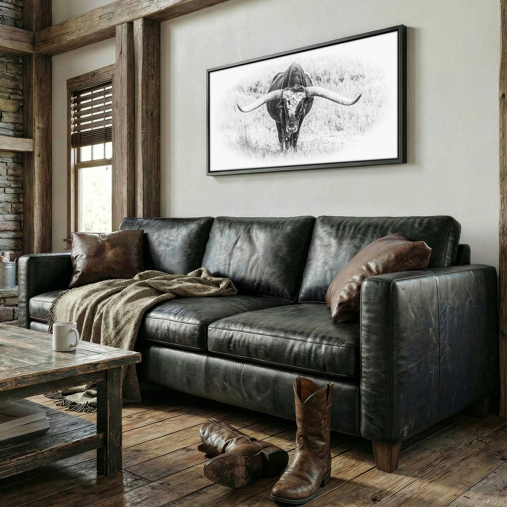 Black and White Longhorn Panoramic Canvas Print – Modern Rustic Art for Living Room Wall Art Teri James Photography