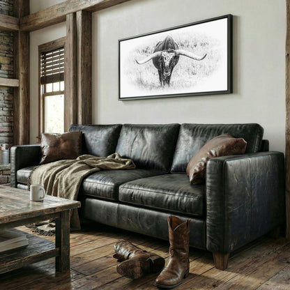 Black and White Longhorn Panoramic Canvas Print – Modern Rustic Art for Living Room Wall Art Teri James Photography