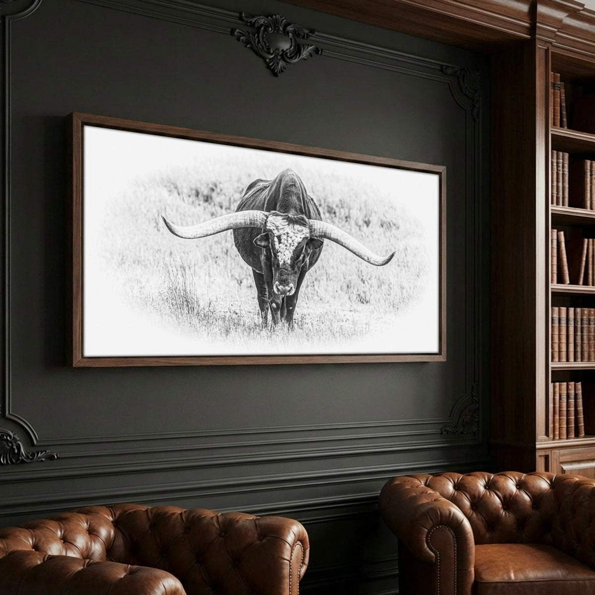 Black and White Longhorn Panoramic Canvas Canvas-Walnut Frame / 10 x 20 Inches