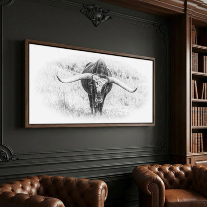 Black and White Longhorn Panoramic Canvas Canvas-Walnut Frame / 10 x 20 Inches