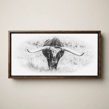 Black and White Longhorn Panoramic Canvas