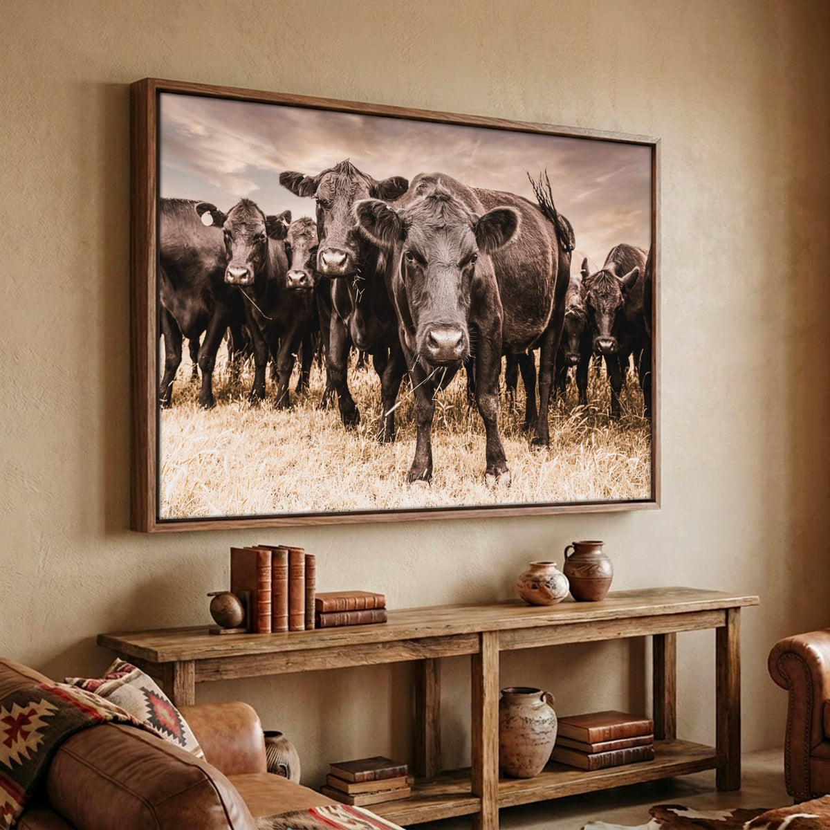 Black Angus Canvas Art - Rustic Western Wall Decor Cow Print Canvas-Walnut Frame / 12 x 18 Inches