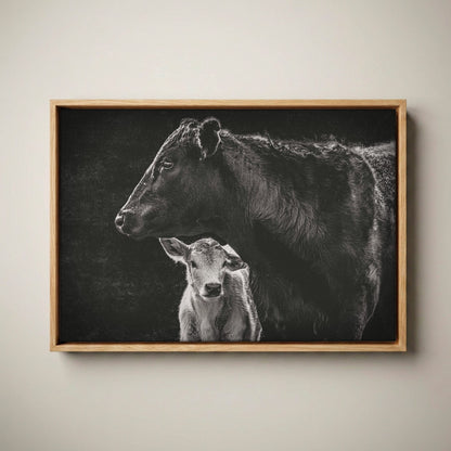 Black Angus Canvas Print - Cow and Calf Print Canvas-Natural Oak Float Frame / 12 x 18 Inches