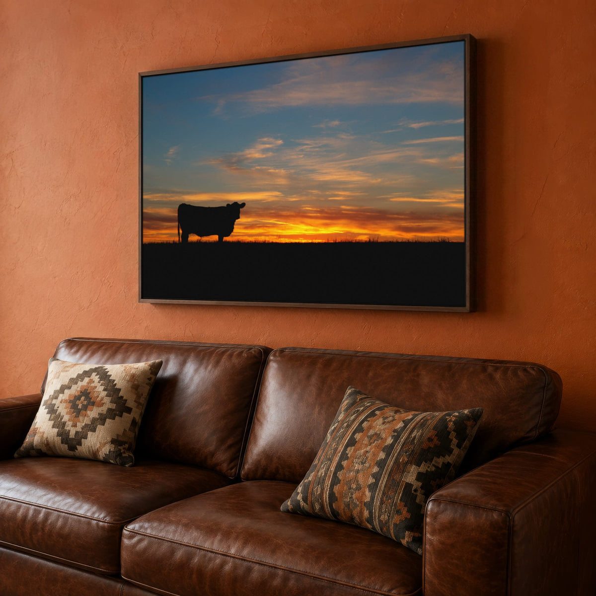 Black Angus Canvas Print – Sunset Wall Art Canvas-Walnut Frame / 12 x 18 Inches