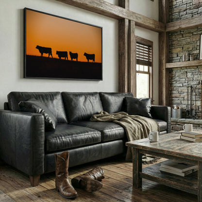 Black Angus Cattle Print – Orange Sunset Artwork For Rustic Ranch Decor Canvas-Black Frame / 12 x 18 Inches Wall Art Teri James Photography