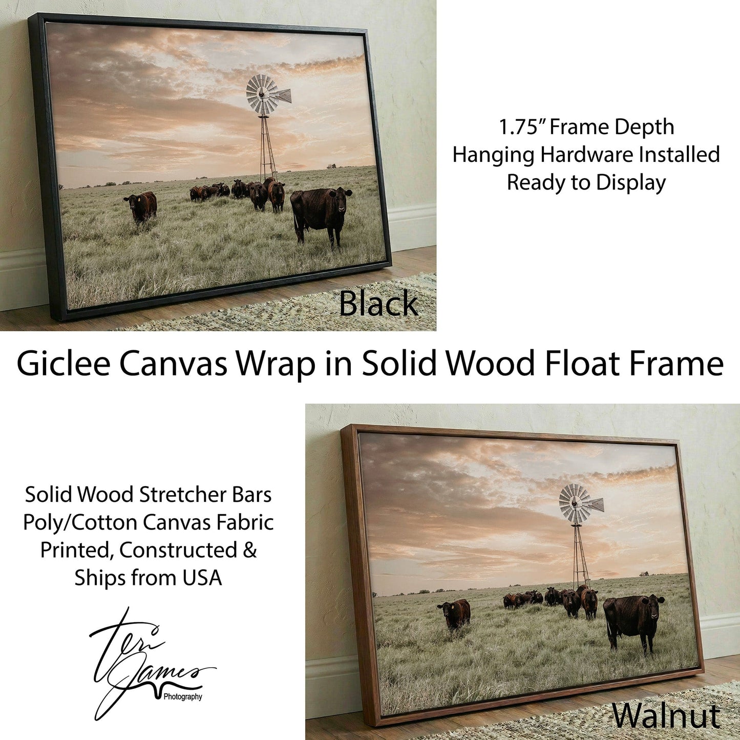 Black Angus Cattle Rustic Windmill Art – Farmhouse Wall Decor & Country Life Artwork Canvas-Black Frame / 12 x 18 Inches Wall Art Teri James Photography