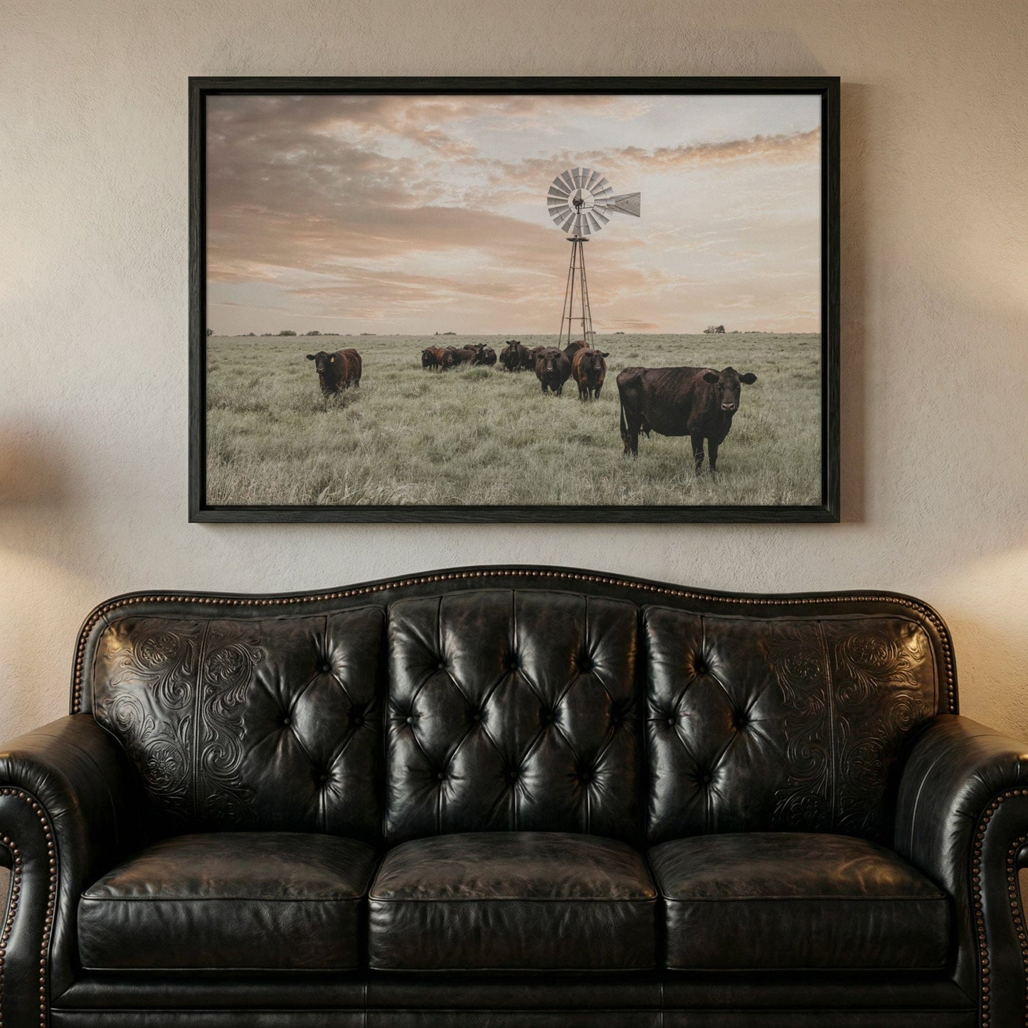 Black Angus Cattle Rustic Windmill Art Canvas-Black Frame / 12 x 18 Inches