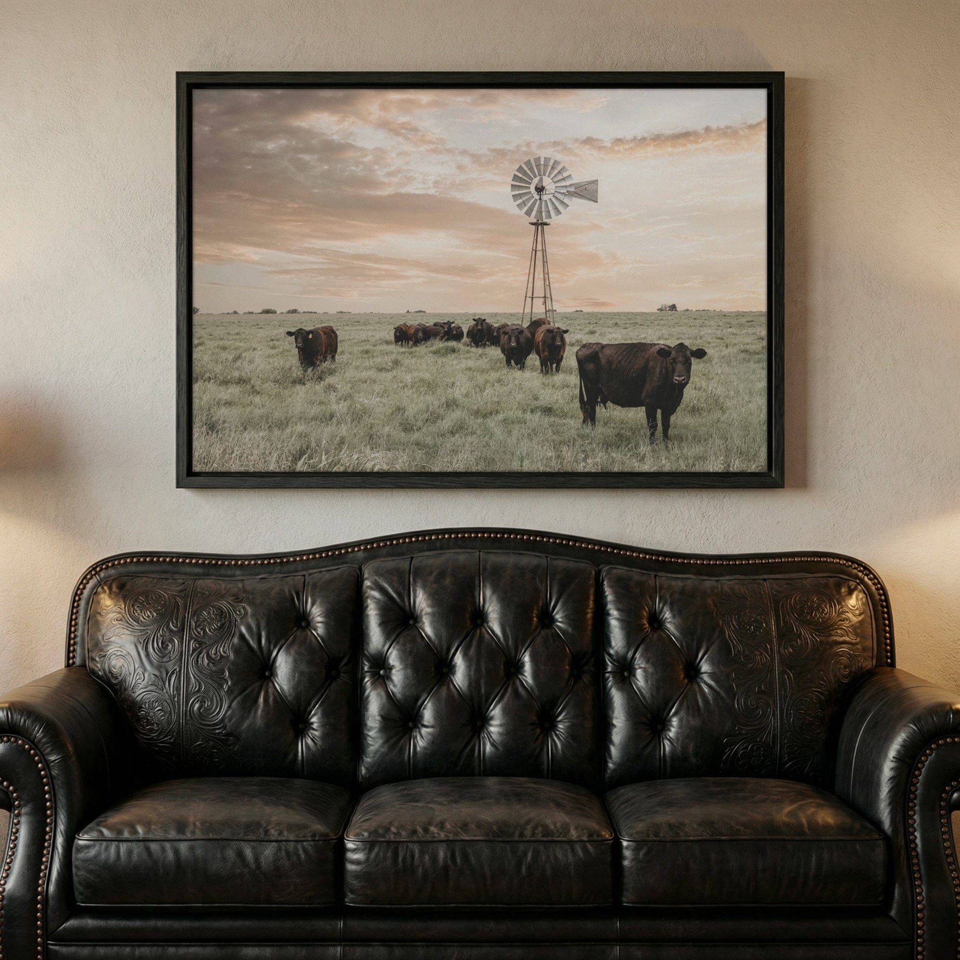 Black Angus Cattle Rustic Windmill Art Canvas-Black Frame / 12 x 18 Inches
