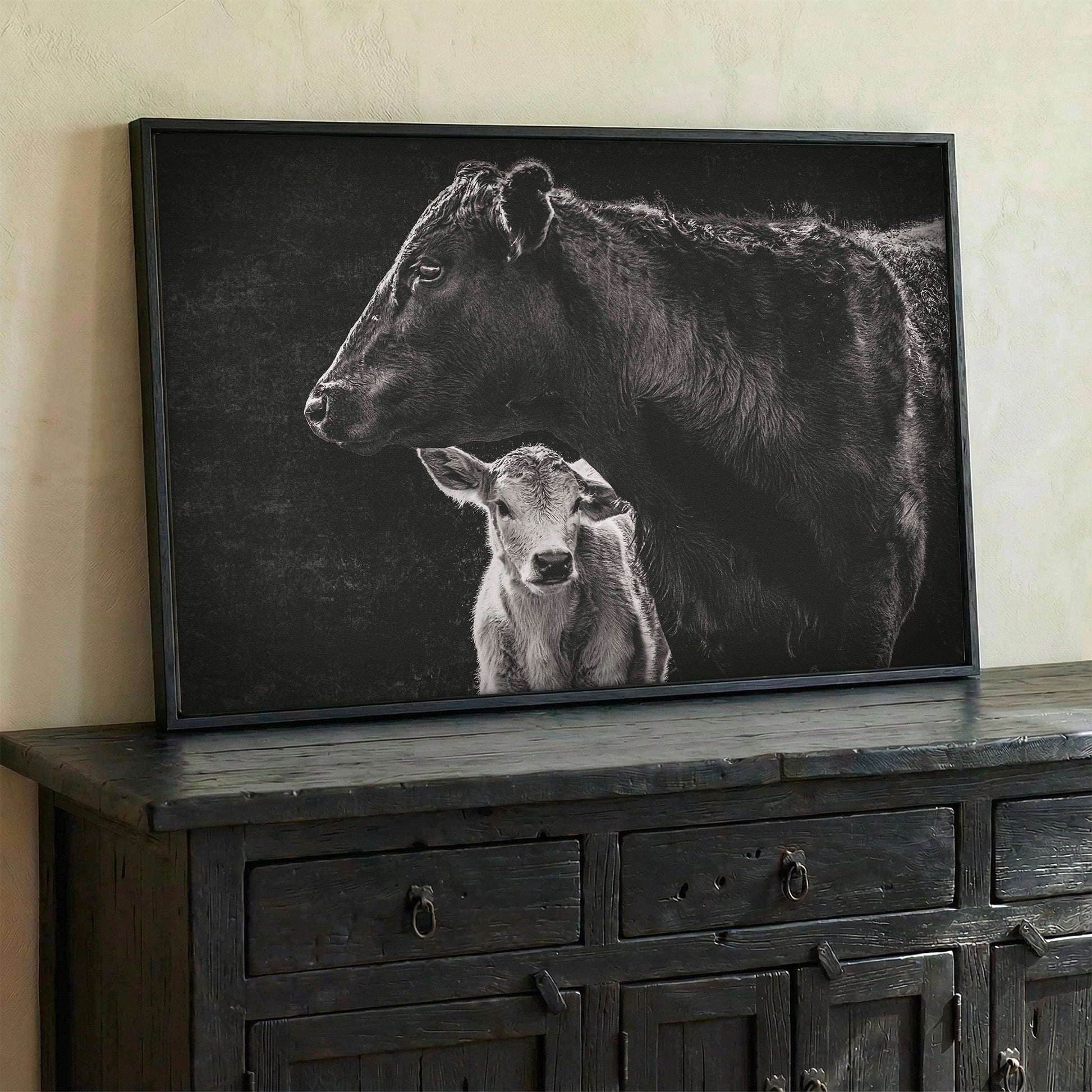 Black Angus Cow and Calf in Black & White - Modern Western Wall Art Teri James Photography