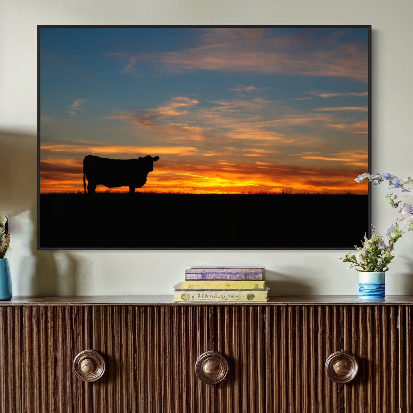 Black Angus Cow at Sunset Canvas Print Wall Art Teri James Photography