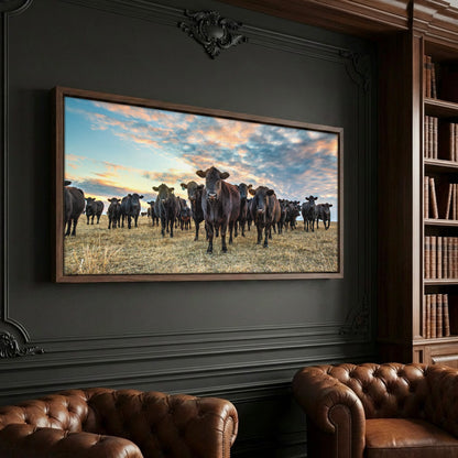Black Angus Panoramic Art - Western Canvas Canvas-Walnut Frame / 10 x 20 Inches