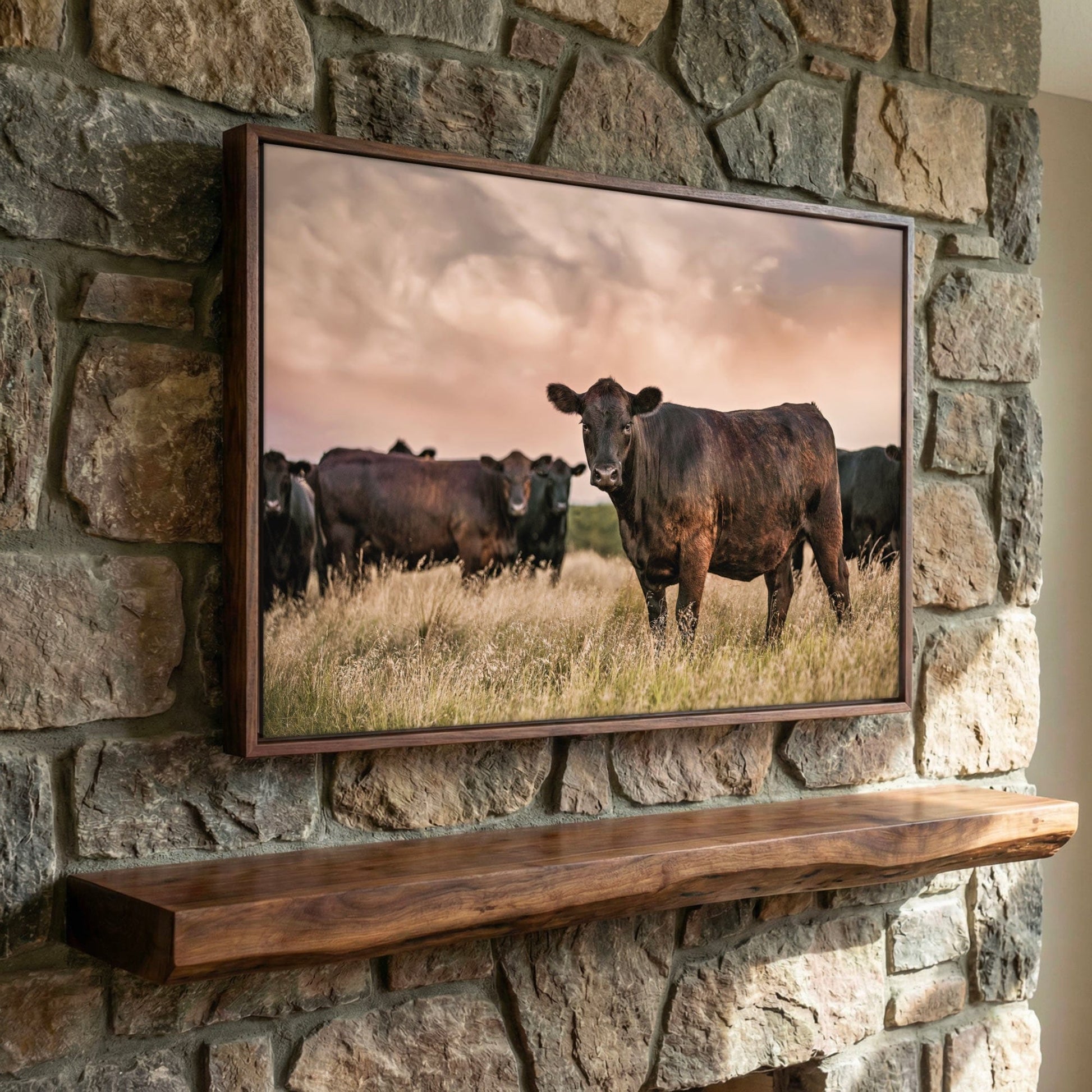Black Angus Wall Art – Angus Cattle Canvas Sunset Print Rustic Ranch Decor Canvas-Walnut Frame / 12 x 18 Inches Wall Art Teri James Photography