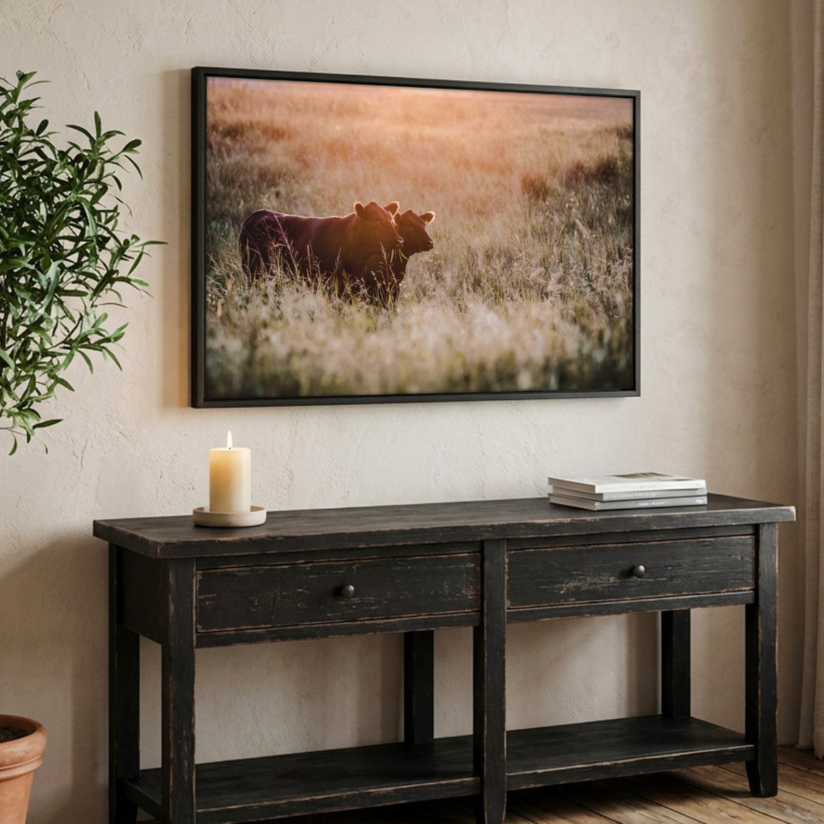 Black Angus Wall Art - Large Rustic Western Canvas Canvas-Black Frame / 12 x 18 Inches