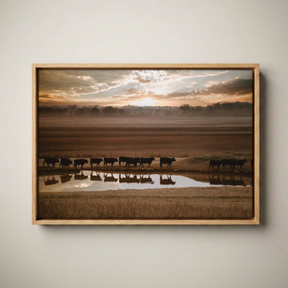 Black Angus Wall Art - Rustic Animal Print With Brown Tone Canvas-Natural Oak Float Frame / 12 x 18 Inches