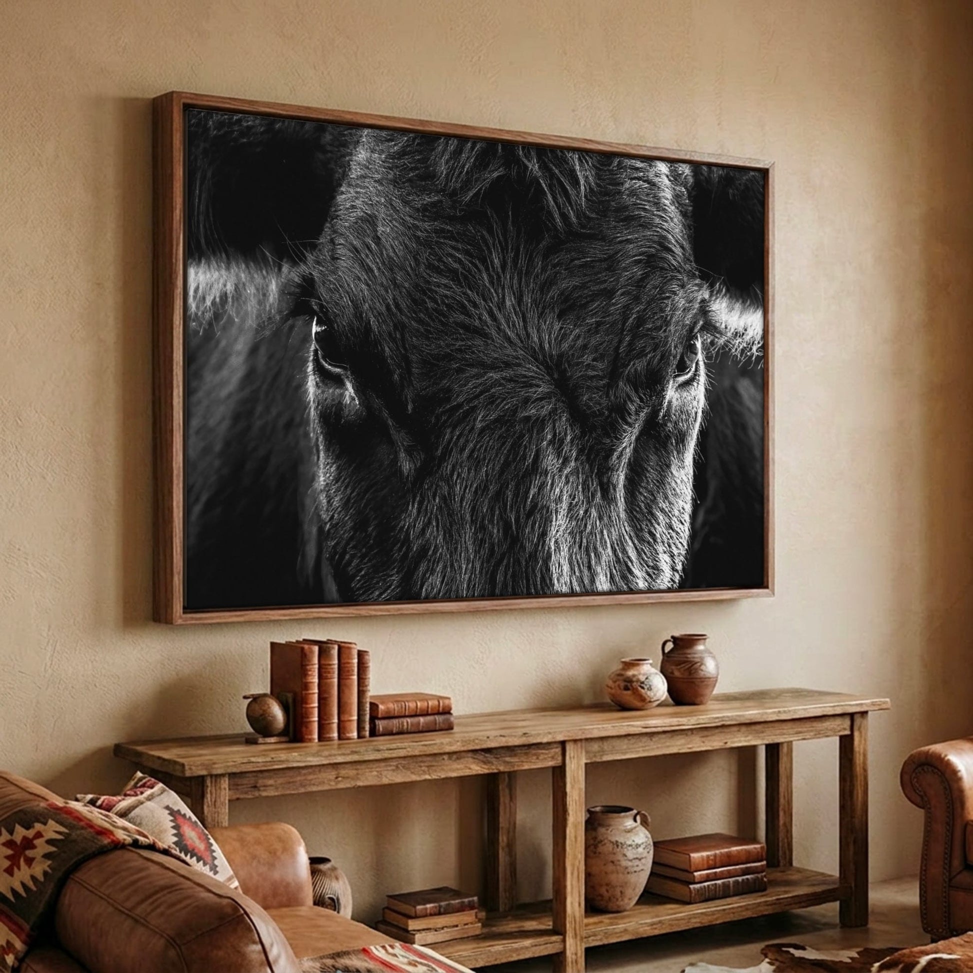 Black Angus Wall Art – Rustic Black and White Cow Canvas-Walnut Frame / 12 x 18 Inches