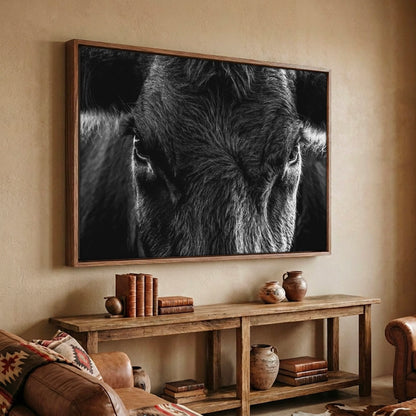 Black Angus Wall Art – Rustic Black and White Cow Canvas-Walnut Frame / 12 x 18 Inches