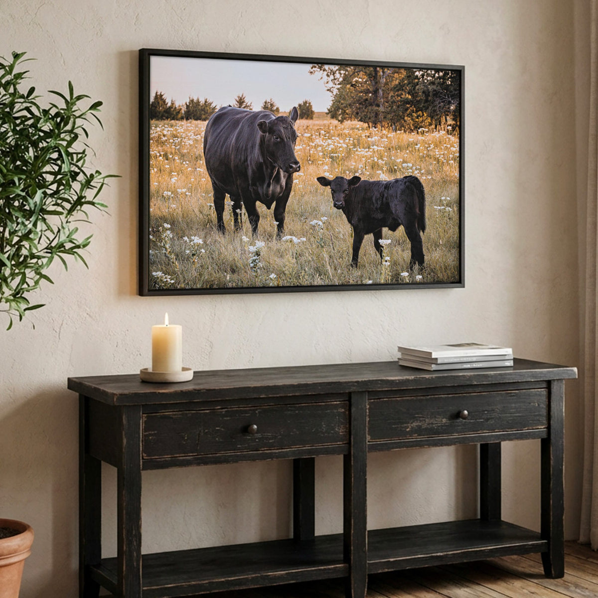 Black Angus Wall Art – Rustic Ranch Home Decor Canvas-Black Frame / 12 x 18 Inches