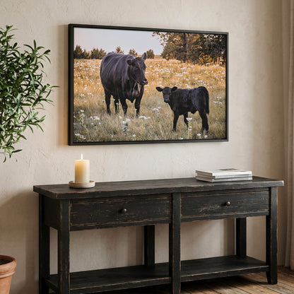 Black Angus Wall Art – Rustic Ranch Home Decor Canvas-Black Frame / 12 x 18 Inches