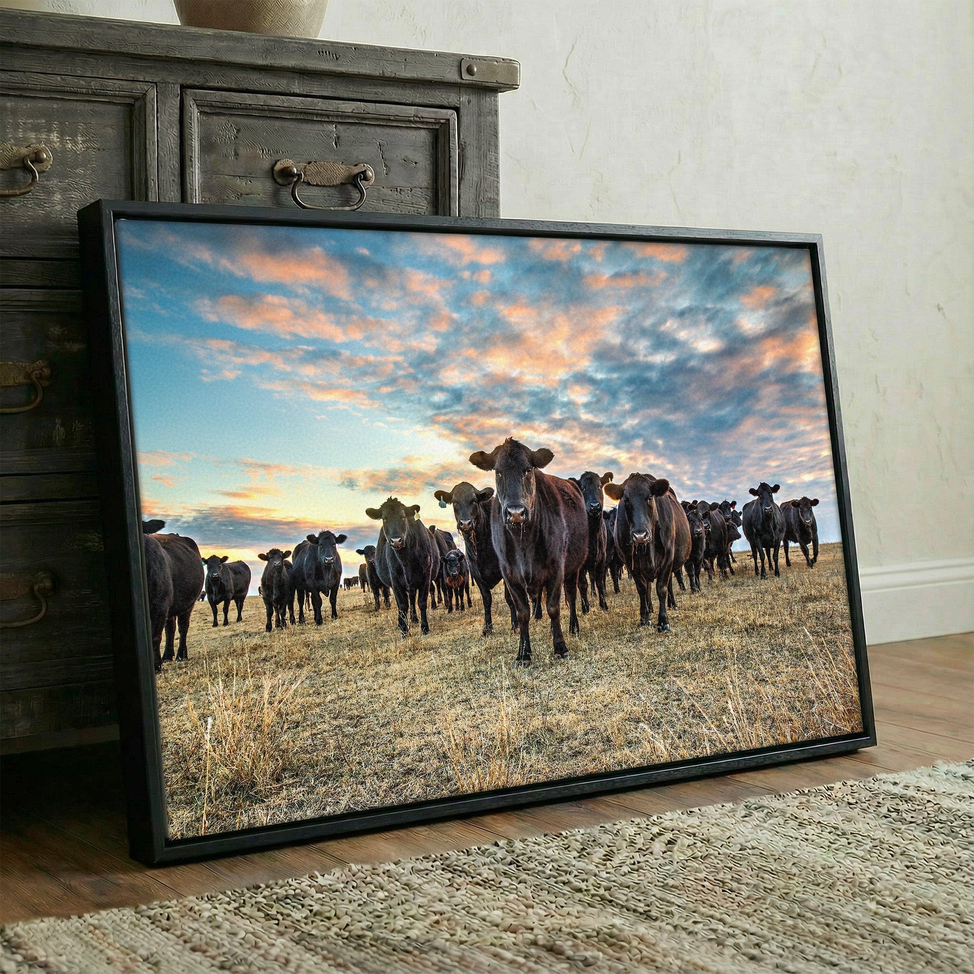 Black Angus Wall Art - Rustic Western Landscape Artwork With Sunset Cow Canvas Wall Art Teri James Photography