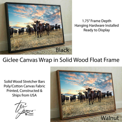 Black Angus Wall Art - Rustic Western Landscape Artwork With Sunset Cow Canvas Canvas-Black Frame / 12 x 18 Inches Wall Art Teri James Photography
