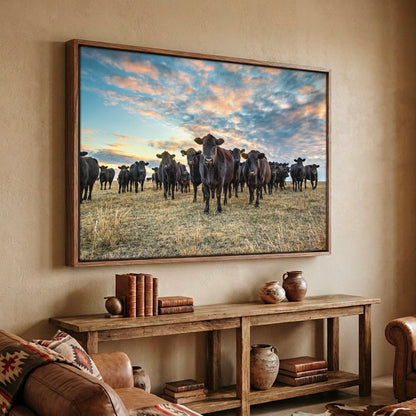 Black Angus Wall Art - Rustic Western Landscape Canvas-Walnut Frame / 12 x 18 Inches