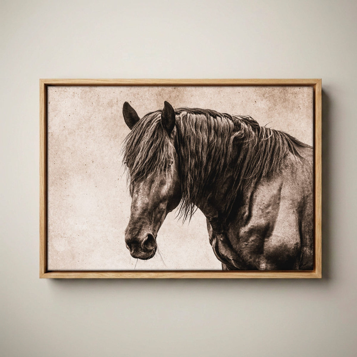 Black Horse Canvas Art - Elegant Horse Wall Decor Canvas-Natural Oak Float Frame / 12 x 18 Inches