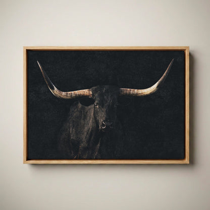 Black Longhorn Canvas Wall Art – Elegant Western Decor Canvas-Natural Oak Float Frame / 12 x 18 Inches