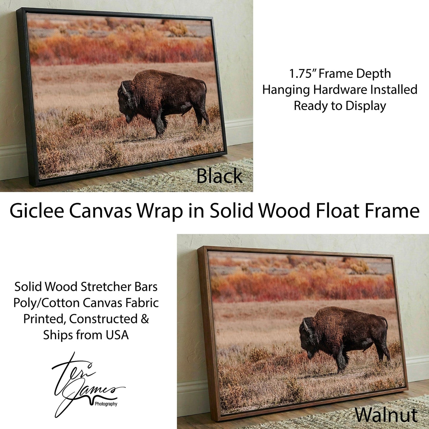 Buffalo Wall Decor - Rustic Buffalo Canvas With Yellowstone Bison Print Canvas-Black Frame / 12 x 18 Inches Wall Art Teri James Photography