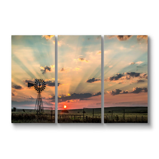Canvas Triptych Wall Art - Old Oklahoma Windmill at Sunrise 48" x 72" (3 @ 24" x 48") Wall Art Teri James Photography