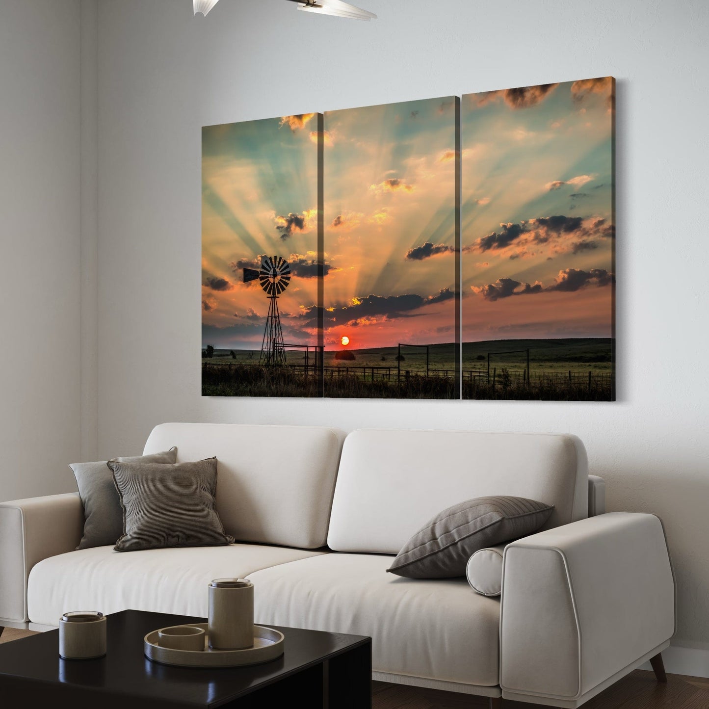 Canvas Triptych Wall Art - Old Oklahoma Windmill at Sunrise Wall Art Teri James Photography